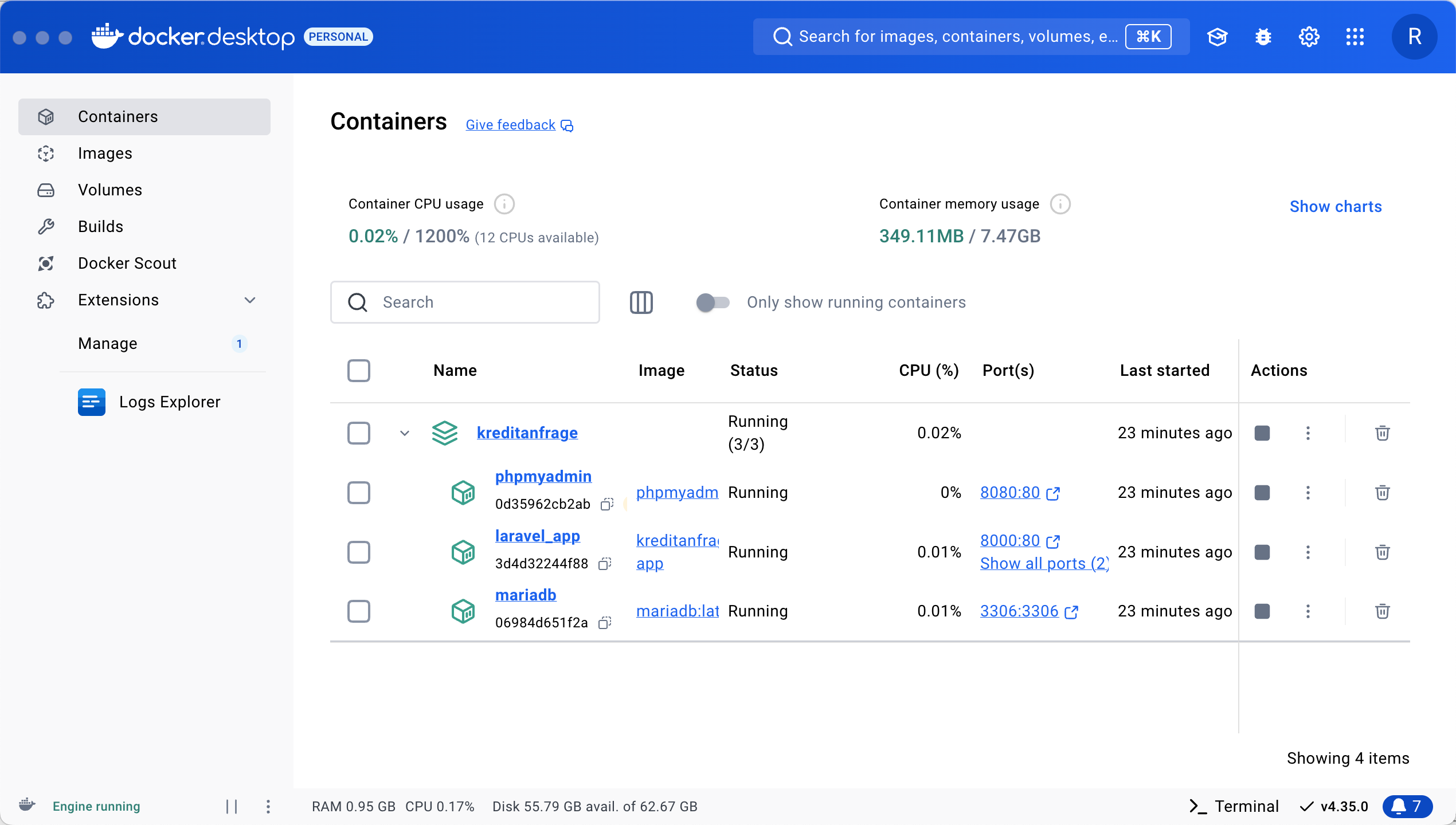 Screenshot: Docker Desktop mit der Container-Übersicht, drei laufende Container einer Compose-Anwendung mit CPU- und Speicheranzeige