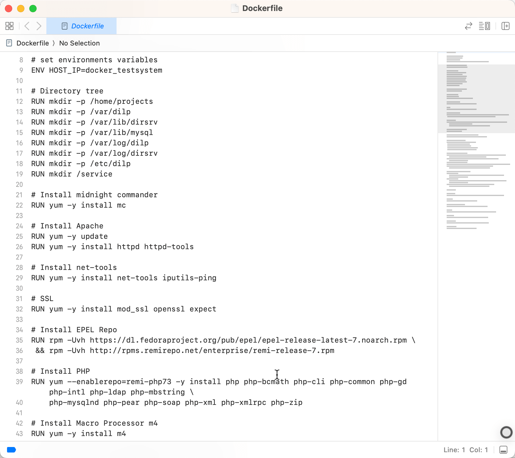 Screenshot: Dockerfile excerpt with an ENV variable, RUN mkdir instructions, and yum installs for Apache, PHP, and tools