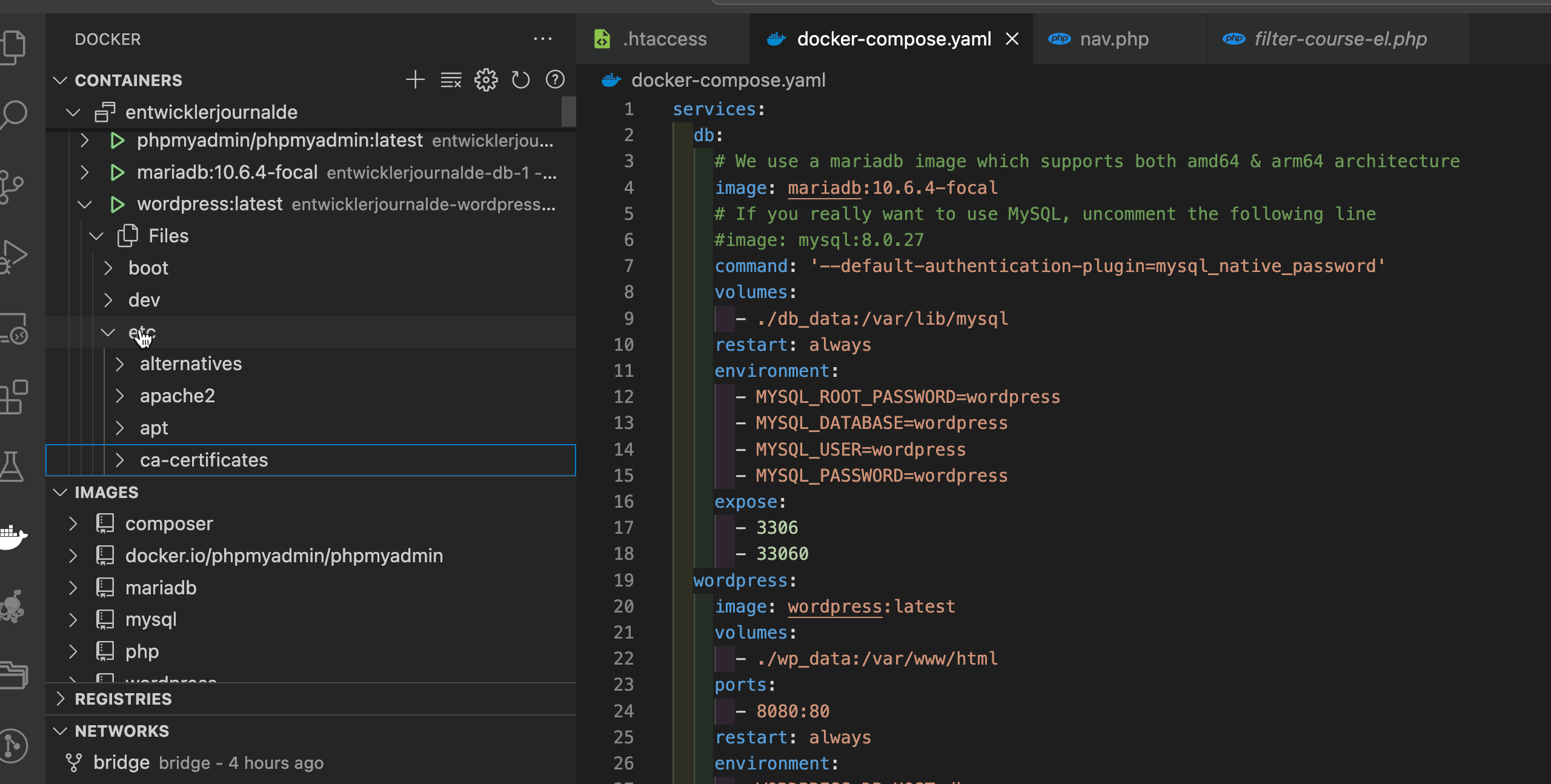 Screenshot: Docker extension in VS Code listing containers, images, and networks next to an open docker-compose.yaml